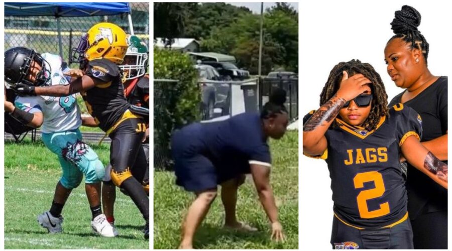 Mãe viraliza ao treinar futebol americano com o filho usando uniforme de trabalho
