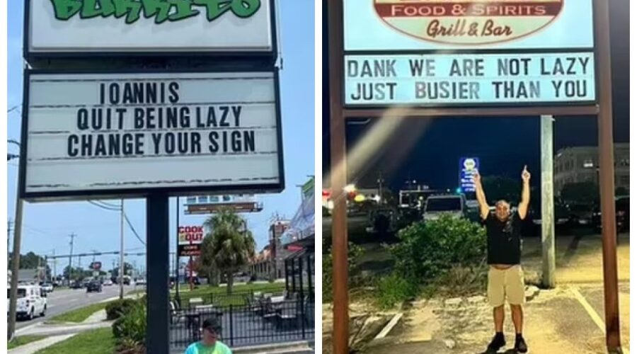 Guerra de placas: restaurantes vizinhos trocam ‘provocações’ com anúncios nas fachadas