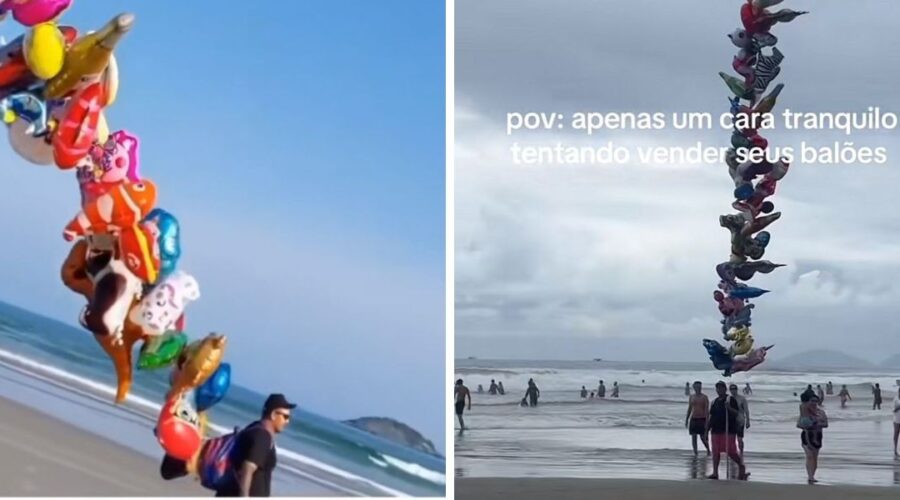 Vendedor viraliza com fio imenso de balões na praia; veja vídeo