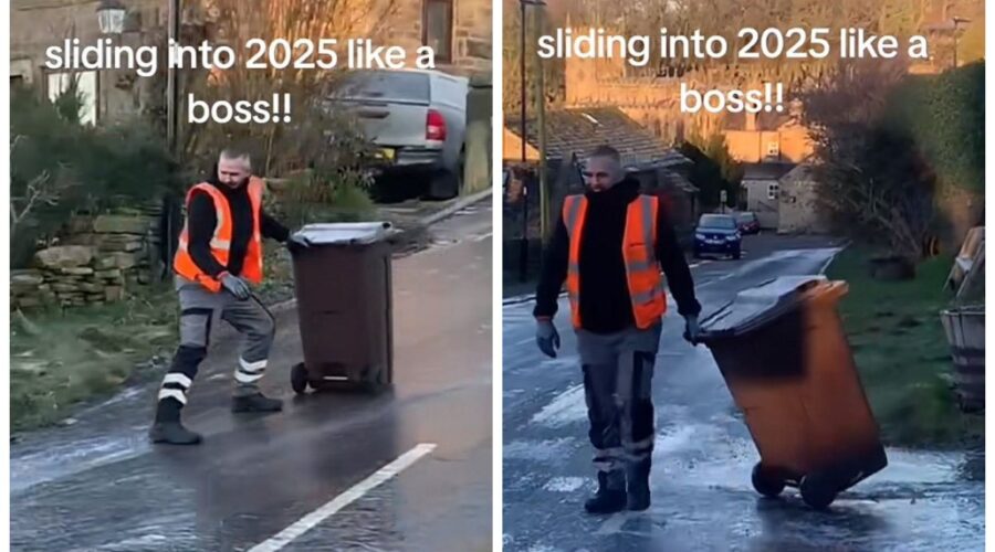 Coletor de lixo viraliza ao ‘surfar’ com lata de resíduos em calçada gelada