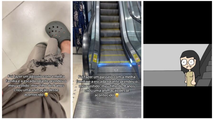 Cliente prende vestido em escada rolante de loja, filho faz animação da situação e vídeo viraliza