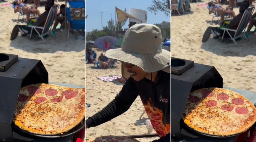 Empreendedor viraliza com carrinho de pizza feita no forno a lenha em praia do Rio