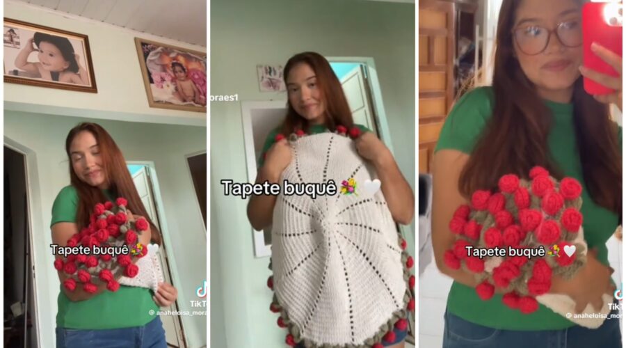 Jovem do Piauí faz renda extra com tapete de crochê que vira buquê de flores e viraliza nas redes