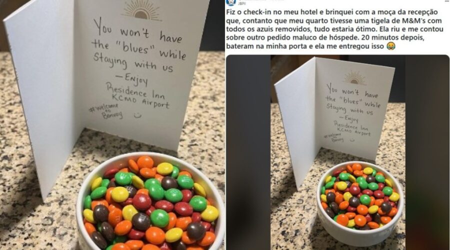 Hóspede pede tigela de M&Ms sem os azuis e hotel surpreende com resposta inesperada